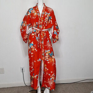 Japanese Made Red Butterfly Romantic Long Sleeves Belted Kimono Robe One Size